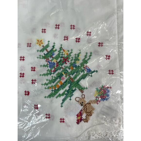 Vintage Hand Cross Stitch Lace Tablecloth Christmas Tree 68 x 122 NOS - Picture 5 of 7